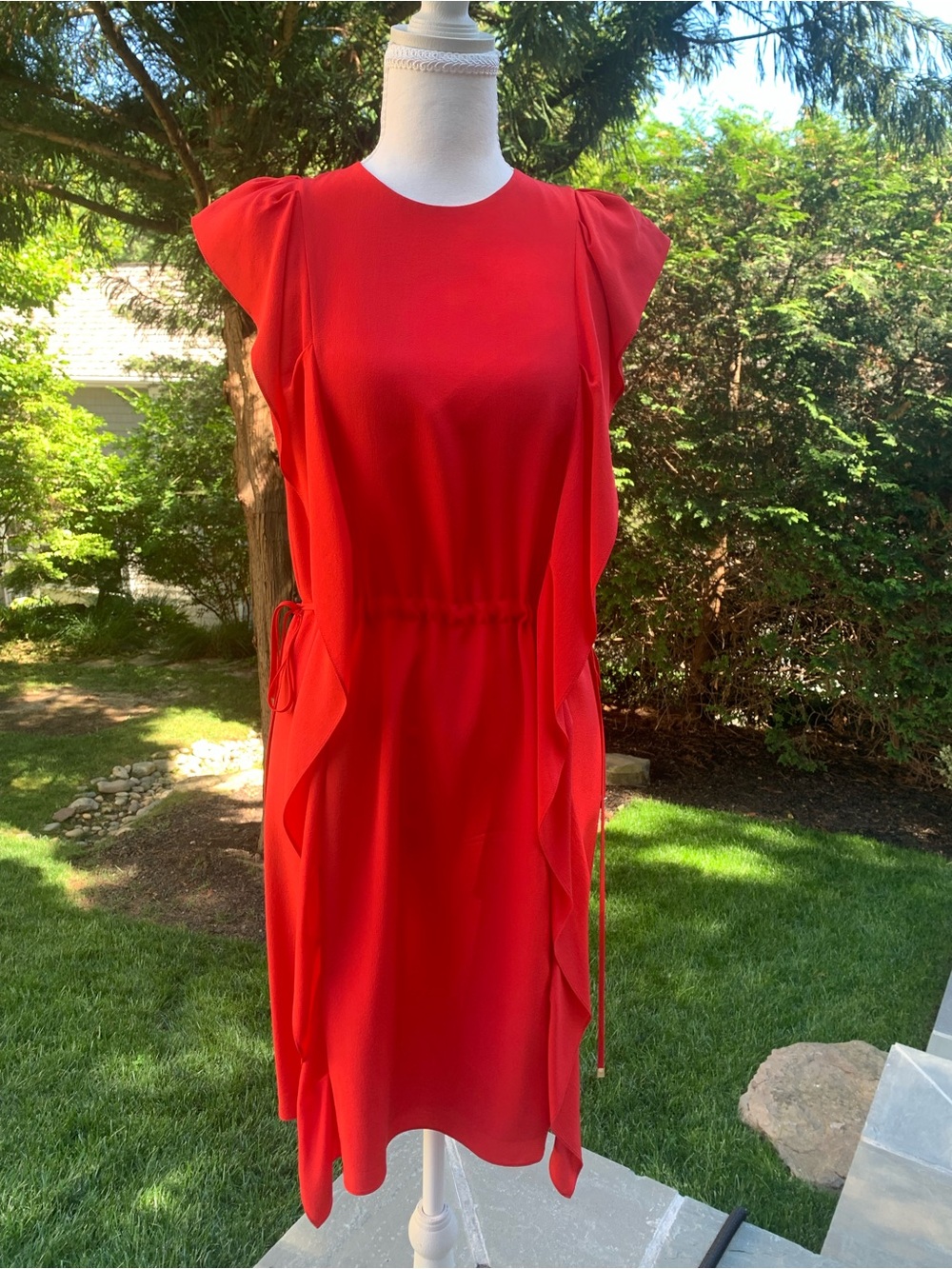 Burberry Red Silk with Ruffle-Trim Tie Waist Sleeveless Mini Dress